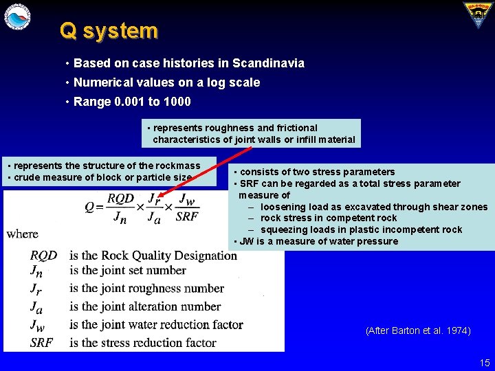 Q system • Based on case histories in Scandinavia • Numerical values on a