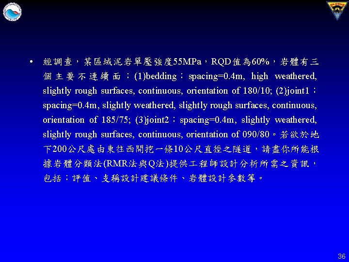  • 經調查，某區域泥岩單壓強度 55 MPa，RQD值為 60%，岩體有三 個 主 要 不 連 續 面 ：