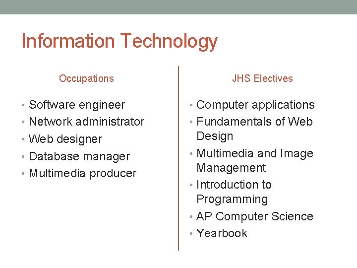 Information Technology Occupations JHS Electives • Software engineer • Computer applications • Network administrator