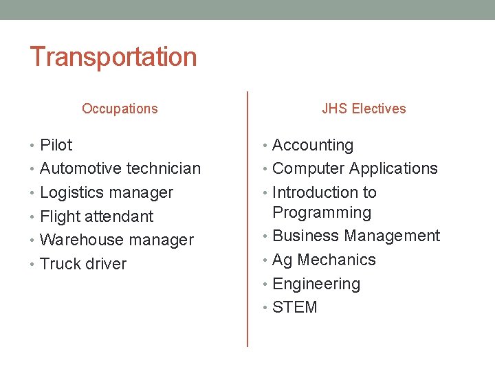 Transportation Occupations JHS Electives • Pilot • Accounting • Automotive technician • Computer Applications