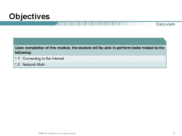 Objectives © 2004, Cisco Systems, Inc. All rights reserved. 2 
