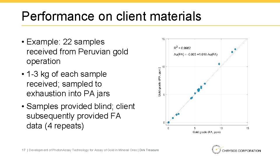 Performance on client materials • Example: 22 samples received from Peruvian gold operation •