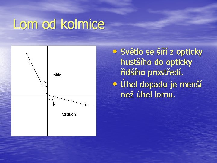 Lom od kolmice • Světlo se šíří z opticky • hustšího do opticky řidšího