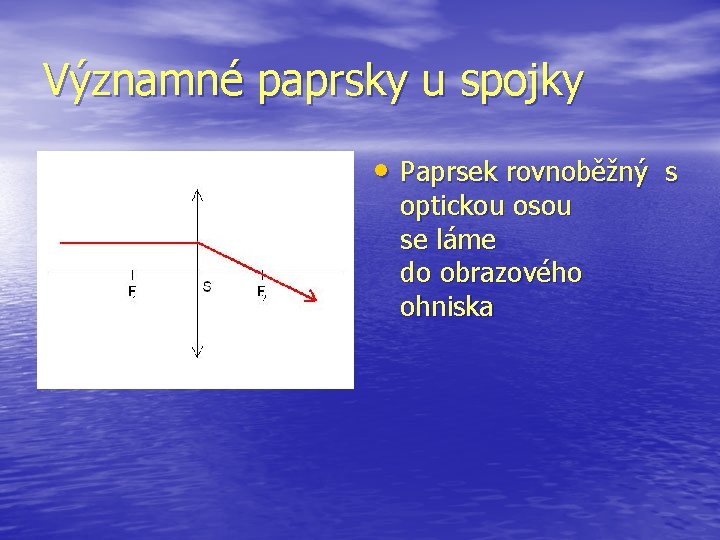 Významné paprsky u spojky • Paprsek rovnoběžný s optickou osou se láme do obrazového