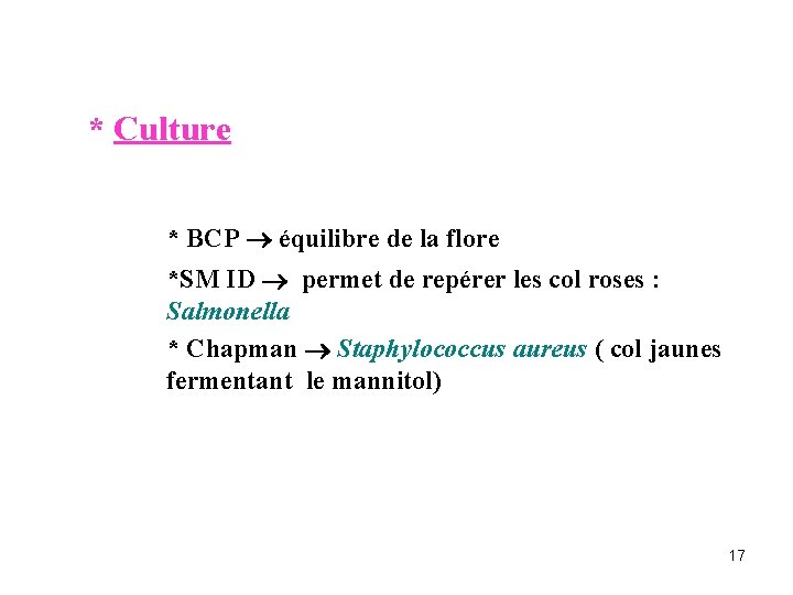  * Culture * BCP équilibre de la flore *SM ID permet de repérer