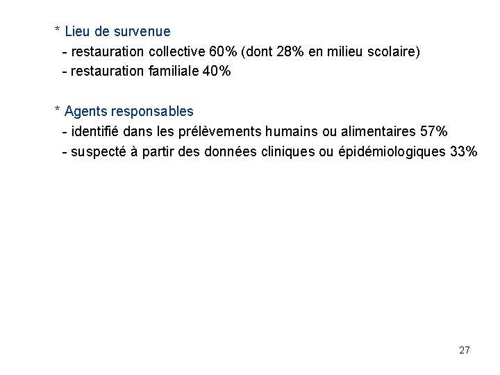 * Lieu de survenue - restauration collective 60% (dont 28% en milieu scolaire) -