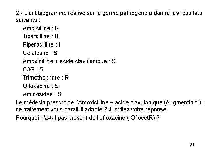 2 - L’antibiogramme réalisé sur le germe pathogène a donné les résultats suivants :