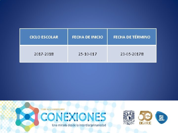 CICLO ESCOLAR FECHA DE INICIO FECHA DE TÉRMINO 2017 -2018 25 -10 -017 23