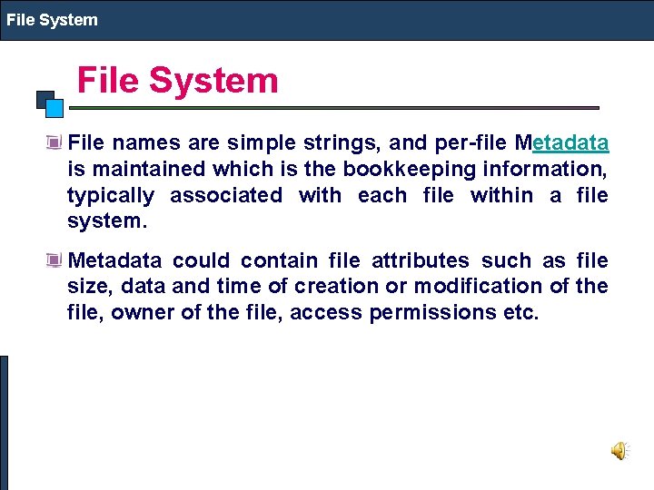 File System File names are simple strings, and per-file Metadata is maintained which is