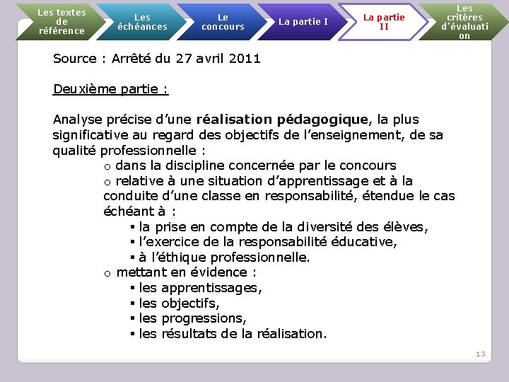 Les textes de référence Les échéances Le concours La partie II Les critères d’évaluati