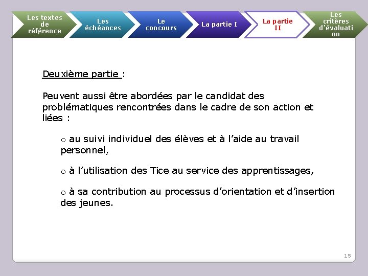 Les textes de référence Les échéances Le concours La partie II Les critères d’évaluati