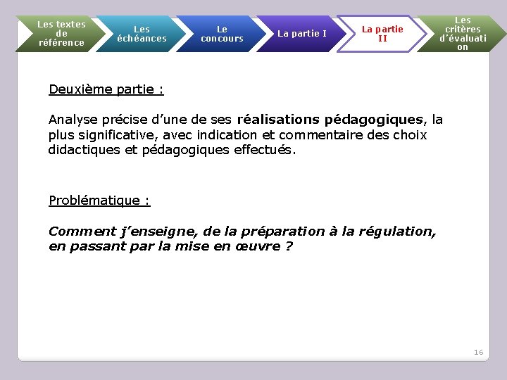 Les textes de référence Les échéances Le concours La partie II Les critères d’évaluati