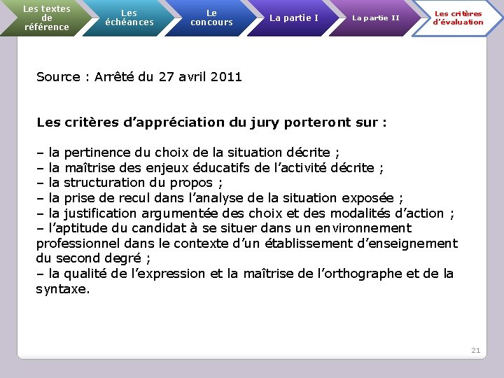 Les textes de référence Les échéances Le concours La partie II Les critères d’évaluation