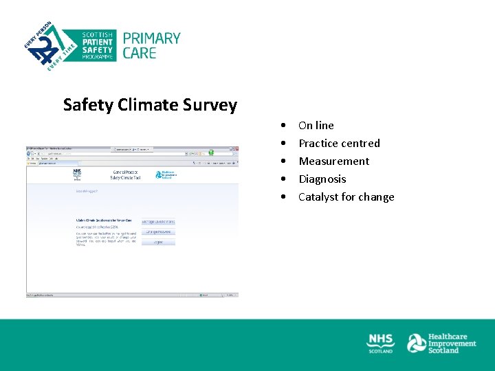 Safety Climate Survey • • • On line Practice centred Measurement Diagnosis Catalyst for