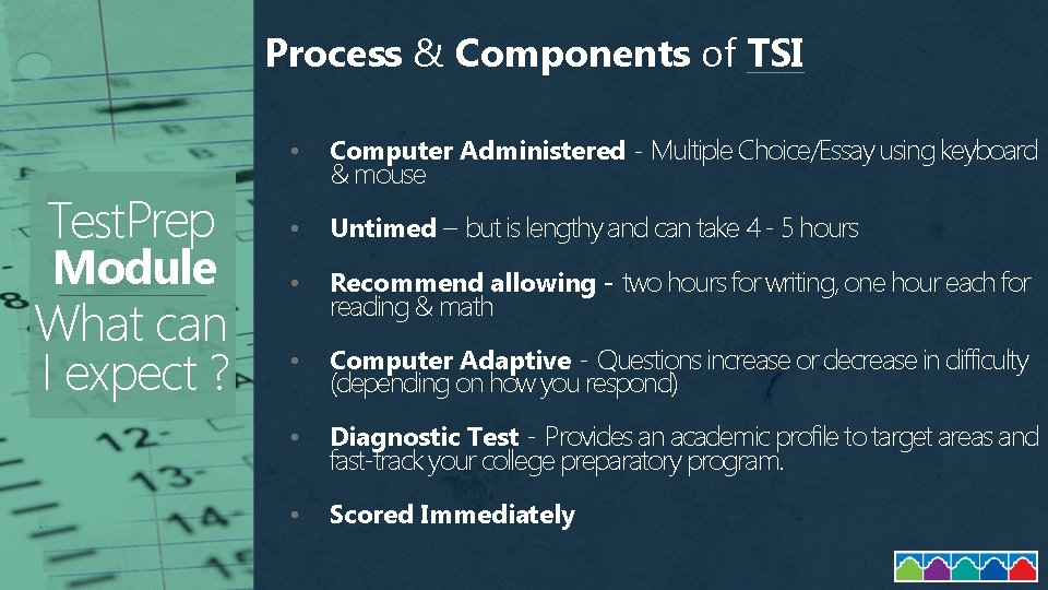 Process & Components of TSI Test. Prep Module What can I expect ? •