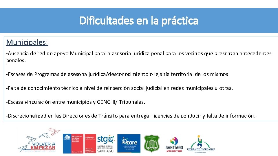 Dificultades en la práctica Municipales: -Ausencia de red de apoyo Municipal para la asesoría