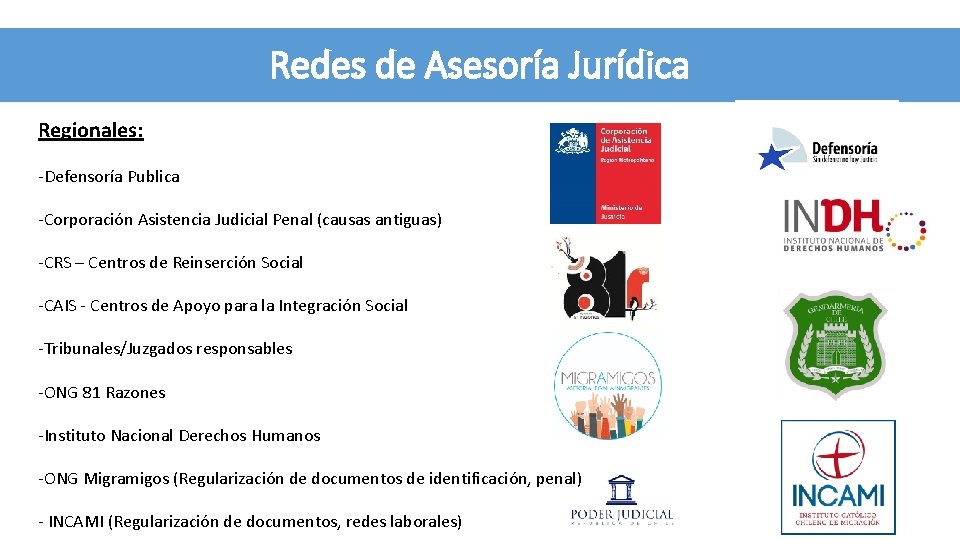 Redes de Asesoría Jurídica Regionales: -Defensoría Publica -Corporación Asistencia Judicial Penal (causas antiguas) -CRS