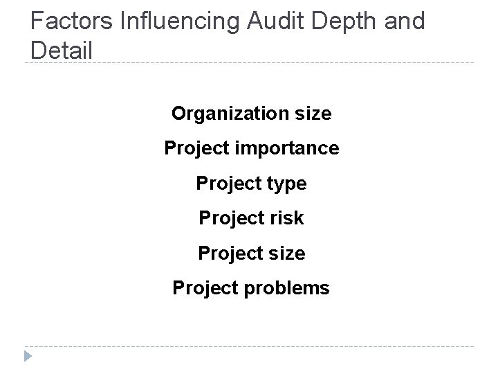 Factors Influencing Audit Depth and Detail Organization size Project importance Project type Project risk