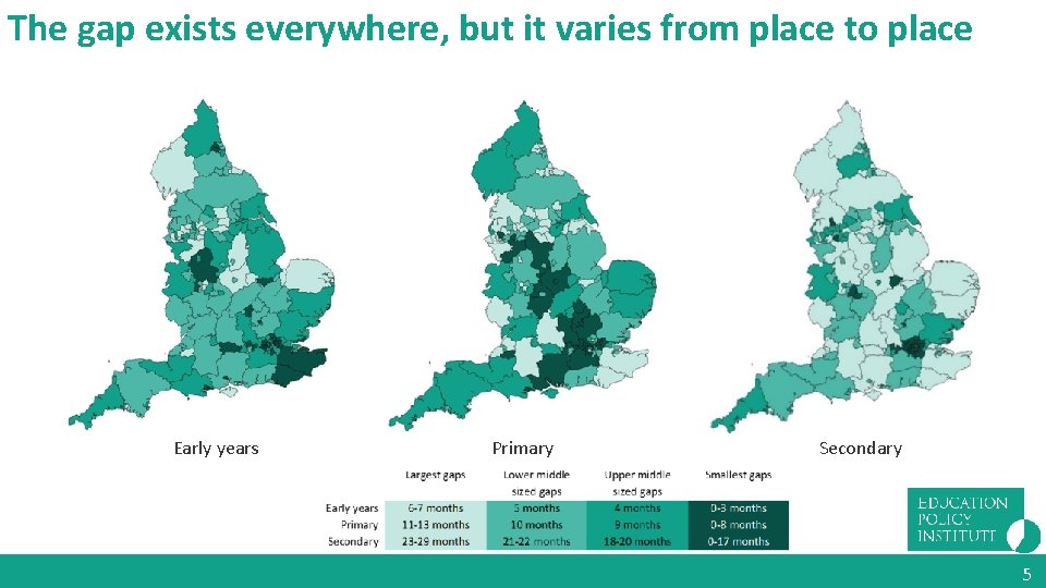 The gap exists everywhere, but it varies from place to place Early years Primary