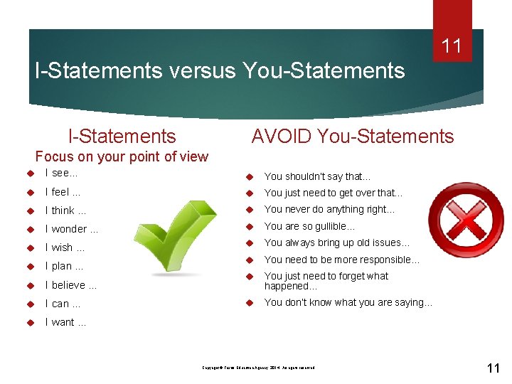 11 I-Statements versus You-Statements AVOID You-Statements I-Statements Focus on your point of view I