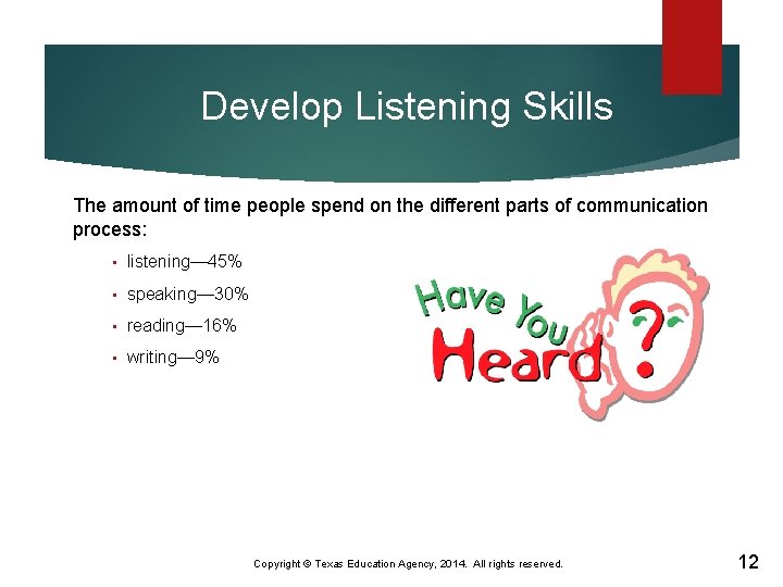 Develop Listening Skills The amount of time people spend on the different parts of