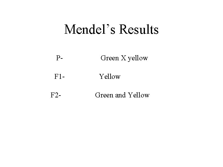 Mendel’s Results P- Green X yellow F 1 - Yellow F 2 - Green