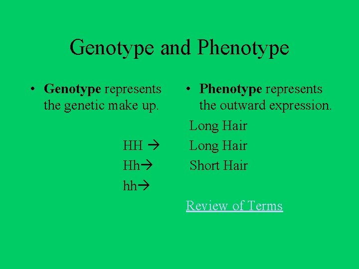 Genotype and Phenotype • Genotype represents the genetic make up. HH Hh hh •