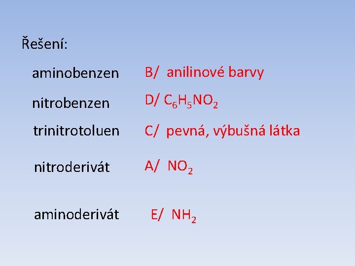 Řešení: aminobenzen B/ anilinové barvy nitrobenzen D/ C 6 H 5 NO 2 trinitrotoluen