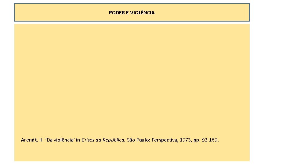 PODER E VIOLÊNCIA Arendt, H. ‘Da violência’ in Crises da República, São Paulo: Perspectiva,