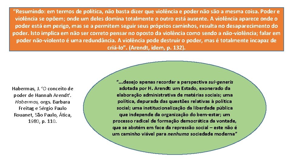 “Resumindo: em termos de política, não basta dizer que violência e poder não são