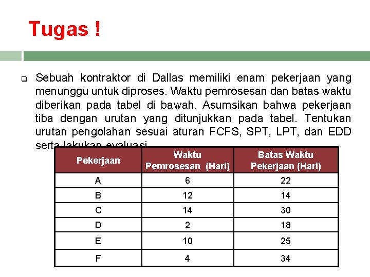 Tugas ! q Sebuah kontraktor di Dallas memiliki enam pekerjaan yang menunggu untuk diproses.