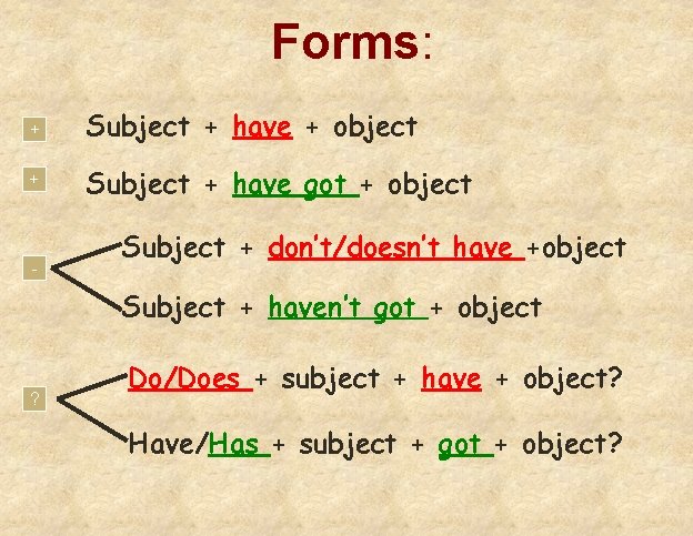 Forms: + Subject + have + object + Subject + have got + object