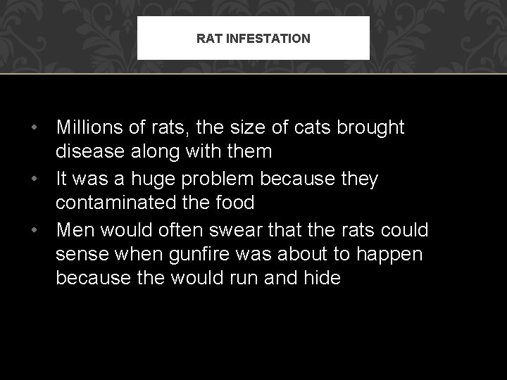 RAT INFESTATION • Millions of rats, the size of cats brought disease along with