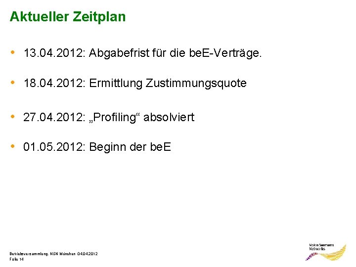 Aktueller Zeitplan • 13. 04. 2012: Abgabefrist für die be. E-Verträge. • 18. 04.