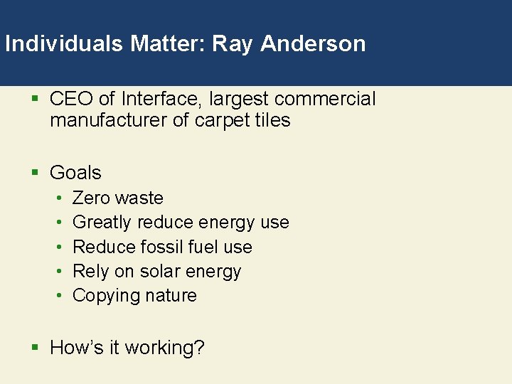 Individuals Matter: Ray Anderson § CEO of Interface, largest commercial manufacturer of carpet tiles