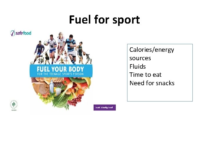 Fuel for sport Calories/energy sources Fluids Time to eat Need for snacks 