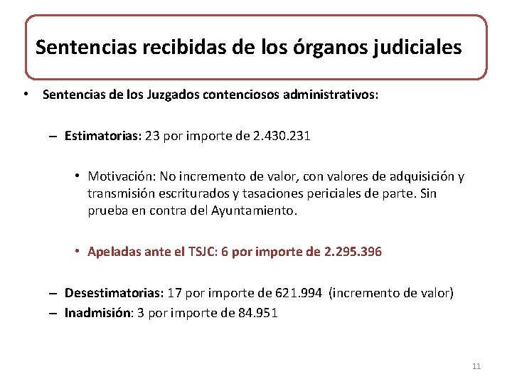 Sentencias recibidas de los órganos judiciales • Sentencias de los Juzgados contenciosos administrativos: –