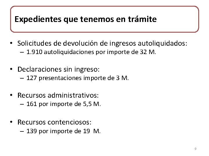 Expedientes que tenemos en trámite • Solicitudes de devolución de ingresos autoliquidados: – 1.