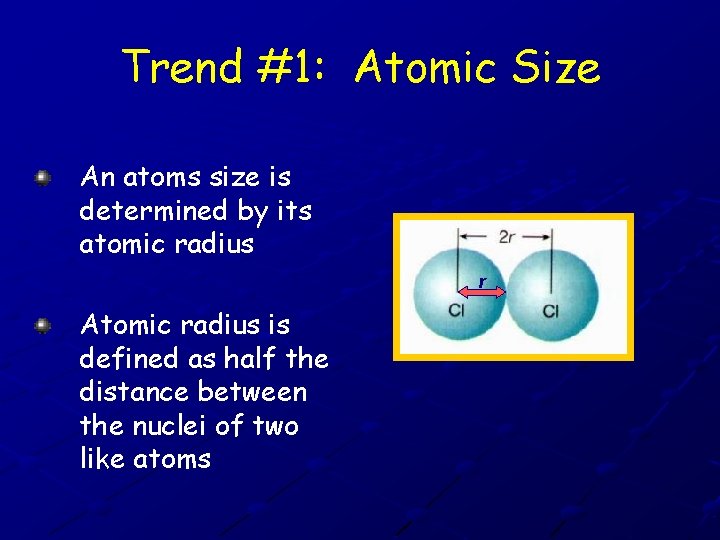 Trend #1: Atomic Size An atoms size is determined by its atomic radius r Trend #1: Atomic Size An atoms size is determined by its atomic radius r