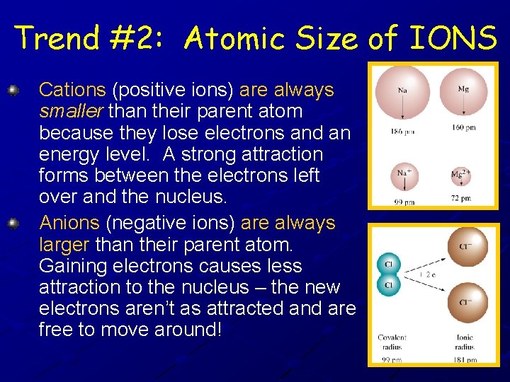 Trend #2: Atomic Size of IONS Cations (positive ions) are always smaller than their