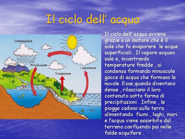 Il ciclo dell’ acqua avviene grazie a un motore che è il sole che Il ciclo dell’ acqua avviene grazie a un motore che è il sole che