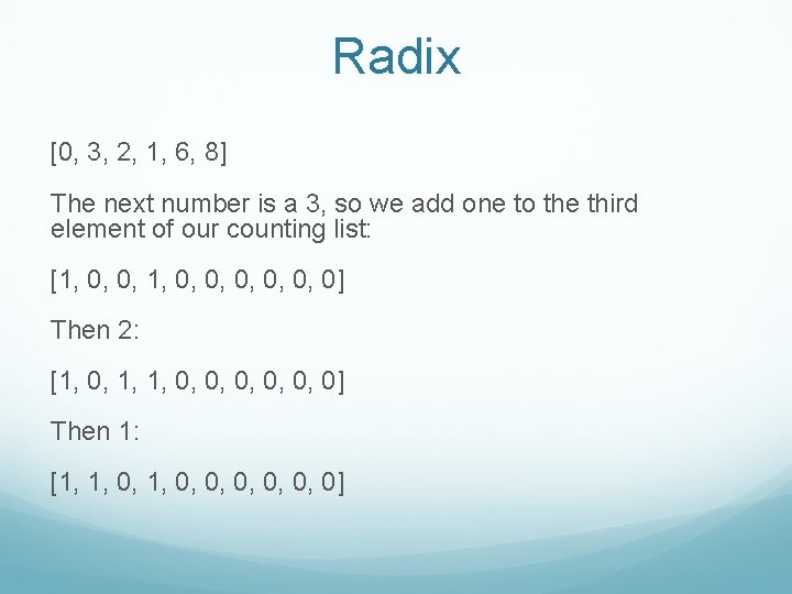 Radix [0, 3, 2, 1, 6, 8] The next number is a 3, so