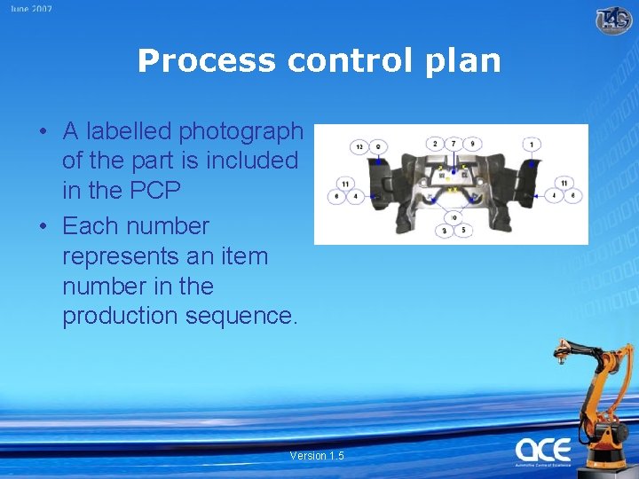 Process control plan • A labelled photograph of the part is included in the