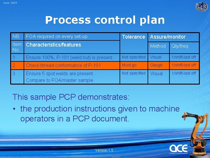 Process control plan NB FOA required on every set-up. Tolerance Assure/monitor Item Characteristics/features No.