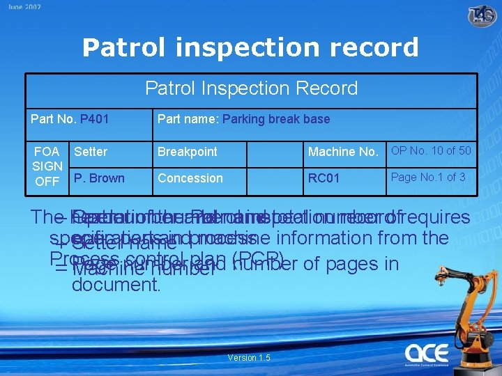 Patrol inspection record Patrol Inspection Record Part No. P 401 Part name: Parking break