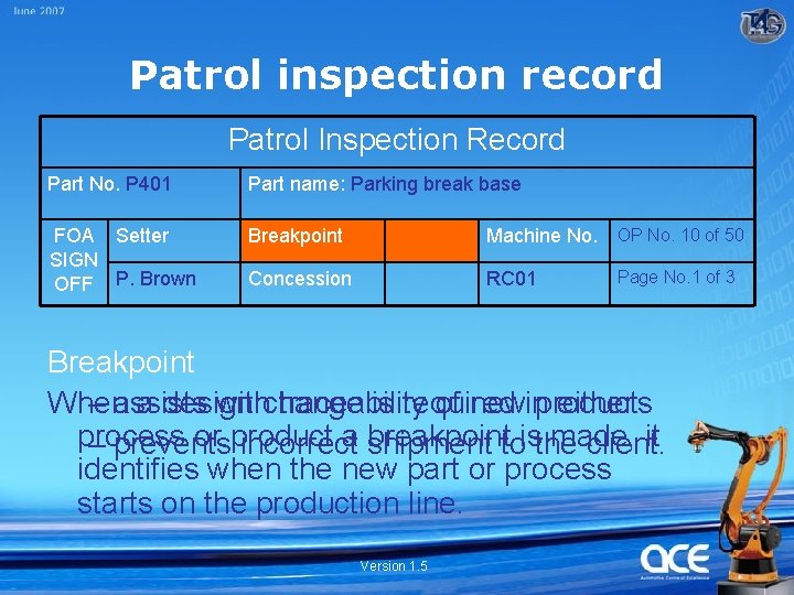 Patrol inspection record Patrol Inspection Record Part No. P 401 Part name: Parking break