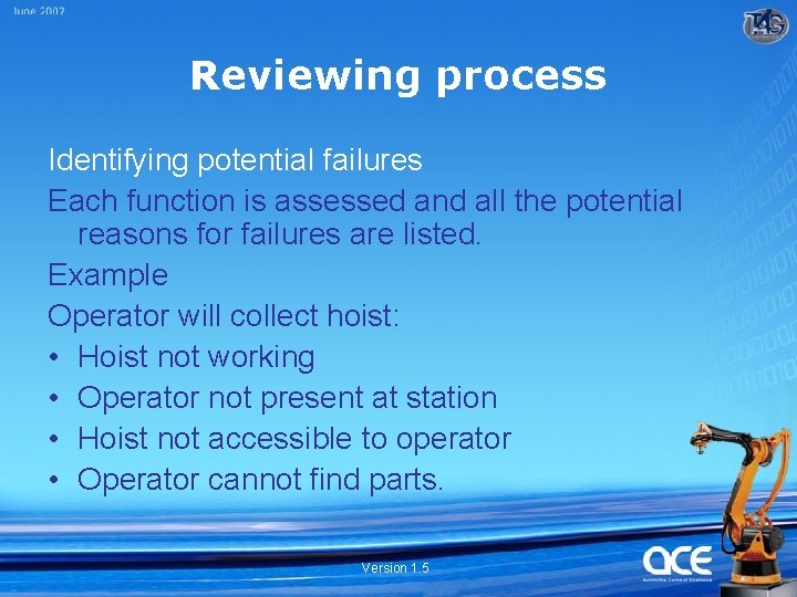 Reviewing process Identifying potential failures Each function is assessed and all the potential reasons