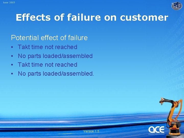 Effects of failure on customer Potential effect of failure • • Takt time not