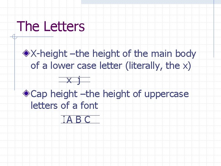The Letters X-height –the height of the main body of a lower case letter