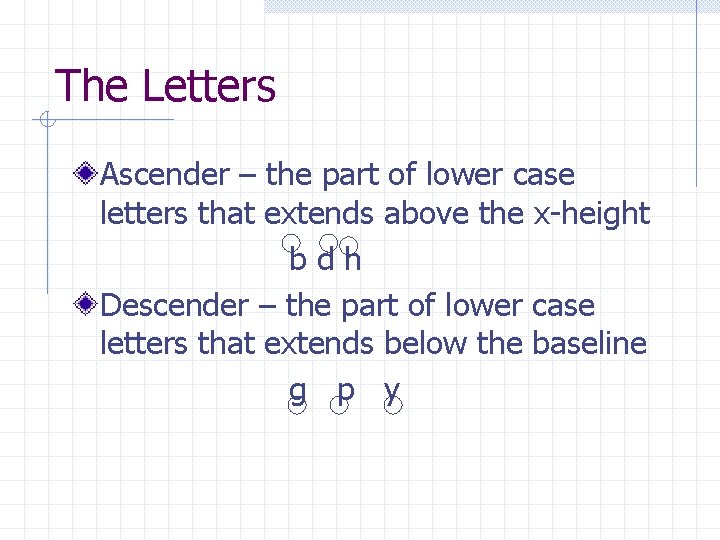 The Letters Ascender – the part of lower case letters that extends above the